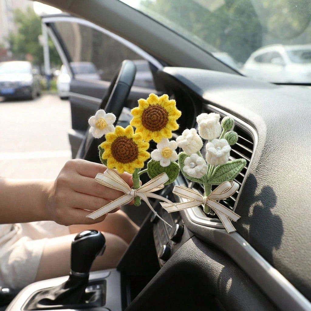 1Pc Handcrafted Woven Flower Decor, Sunflower Lily Of The Valley, Car Air Vent Clip For Vehicle Interior Styling