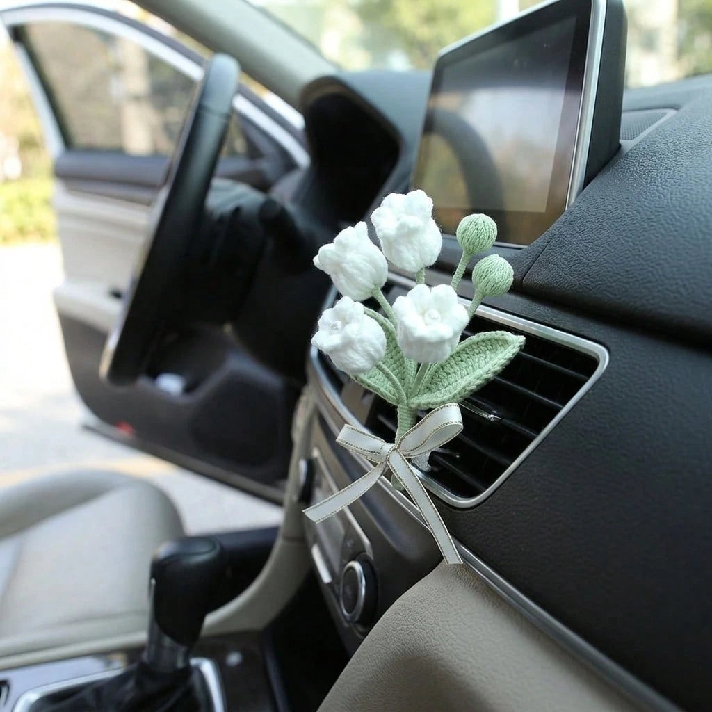 1Pc Handcrafted Woven Flower Decor, Sunflower Lily Of The Valley, Car Air Vent Clip For Vehicle Interior Styling