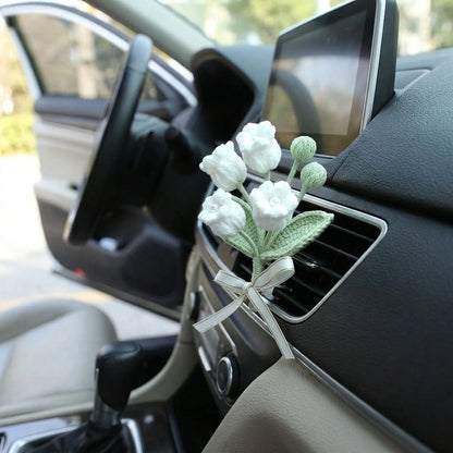 1Pc Handcrafted Woven Flower Decor, Sunflower Lily Of The Valley, Car Air Vent Clip For Vehicle Interior Styling