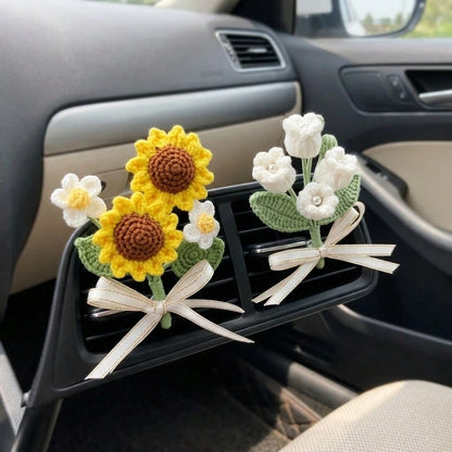 1Pc Handcrafted Woven Flower Decor, Sunflower Lily Of The Valley, Car Air Vent Clip For Vehicle Interior Styling