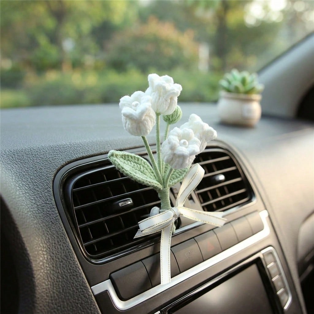 1Pc Handcrafted Woven Flower Decor, Sunflower Lily Of The Valley, Car Air Vent Clip For Vehicle Interior Styling