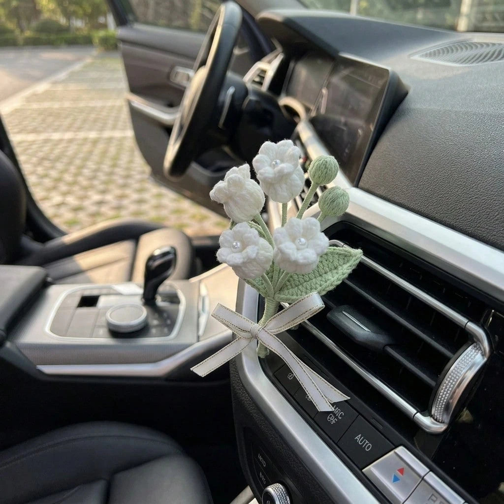 1Pc Handcrafted Woven Flower Decor, Sunflower Lily Of The Valley, Car Air Vent Clip For Vehicle Interior Styling