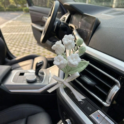 1Pc Handcrafted Woven Flower Decor, Sunflower Lily Of The Valley, Car Air Vent Clip For Vehicle Interior Styling