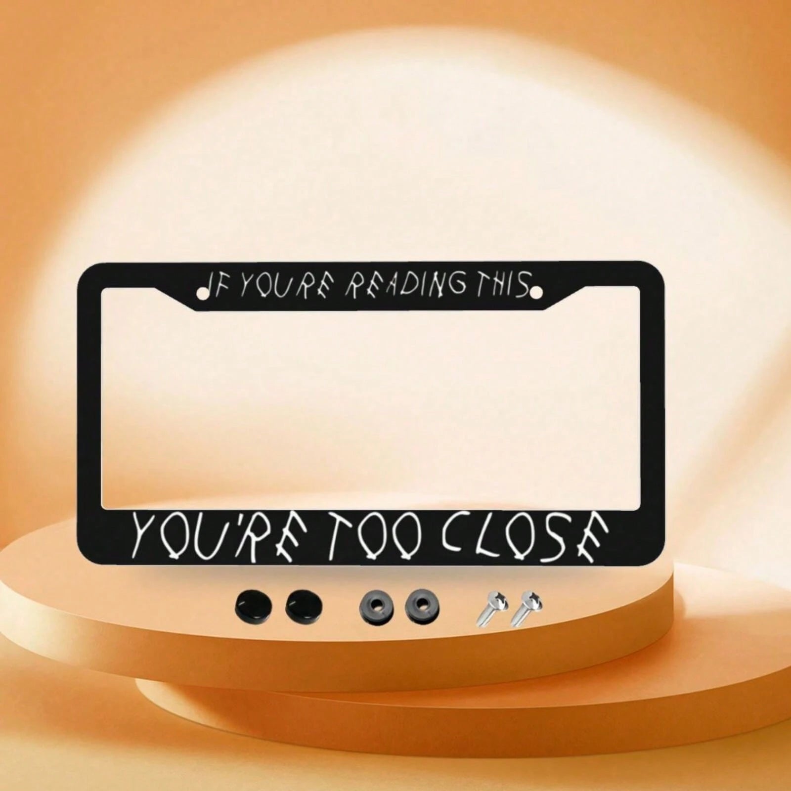 1pc Humorous License Plate Frame With "IF YOU'RE READING THIS YOU'RE TOO CLOSE" Message- Durable Aluminum Fit For US Vehicles, Black Background Car Accessory- Funny Gift For Family & Friends, Bold T