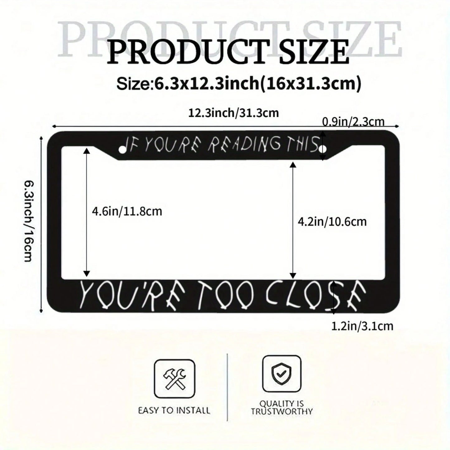 1pc Humorous License Plate Frame With "IF YOU'RE READING THIS YOU'RE TOO CLOSE" Message- Durable Aluminum Fit For US Vehicles, Black Background Car Accessory- Funny Gift For Family & Friends, Bold T