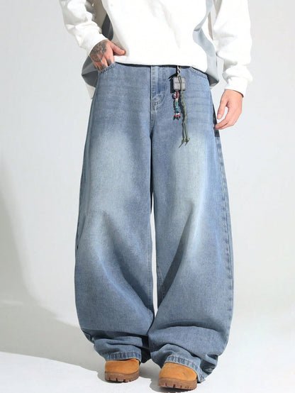 1pc Justice Brother Men's Casual Loose Fit Wide Leg Black Plus Size Jeans Pants (Belt And Accessories Not Included)