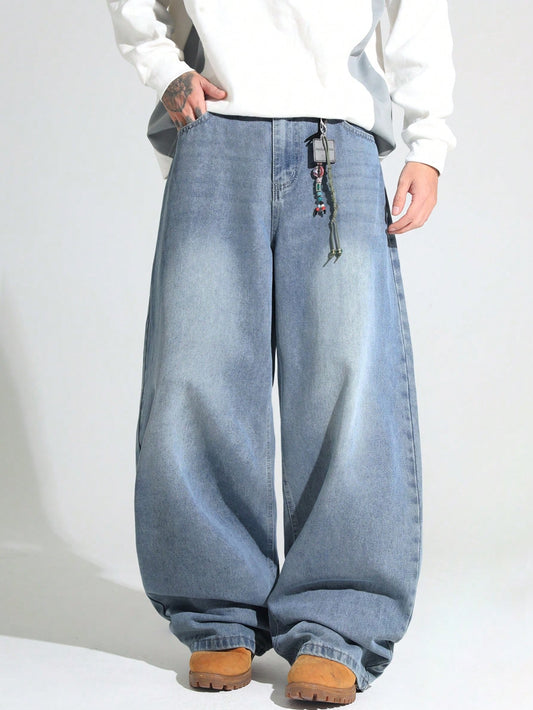 1pc Justice Brother Men's Casual Loose Fit Wide Leg Black Plus Size Jeans Pants (Belt And Accessories Not Included)