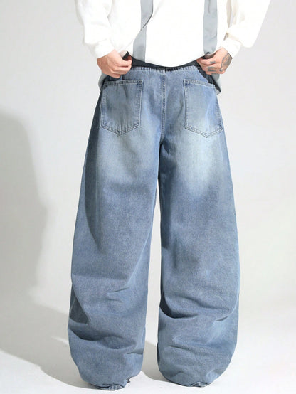 1pc Justice Brother Men's Casual Loose Fit Wide Leg Black Plus Size Jeans Pants (Belt And Accessories Not Included)