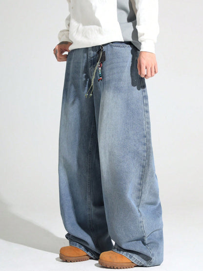 1pc Justice Brother Men's Casual Loose Fit Wide Leg Black Plus Size Jeans Pants (Belt And Accessories Not Included)