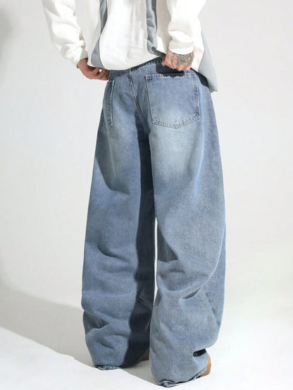 1pc Justice Brother Men's Casual Loose Fit Wide Leg Black Plus Size Jeans Pants (Belt And Accessories Not Included)