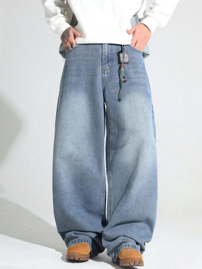 1pc Justice Brother Men's Casual Loose Fit Wide Leg Black Plus Size Jeans Pants (Belt And Accessories Not Included)
