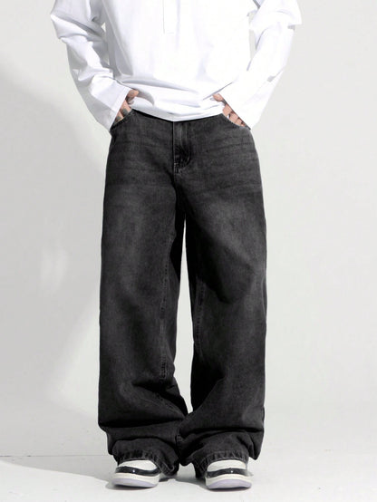 1pc Justice Brother Men's Casual Loose Fit Wide Leg Black Plus Size Jeans Pants (Belt And Accessories Not Included)