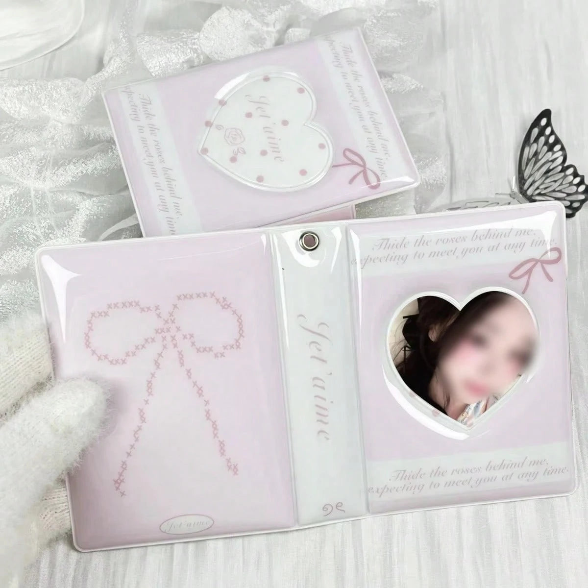 1pc K-Pop Card Holder, Heart-Shaped Pink Rose Bow Card Album, 3-3.5 Inch Photo Card Storage Mini Photo Album, Acid-Free PVC-Free Photo Binder, Photo Album