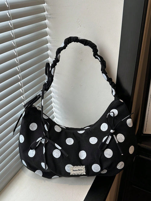 1pc Korean Style Casual Large Capacity Hobo Bag, New Polka Dot Tote Bag, Large Shopping Bag, Fashionable And Stylish, College Student Shoulder Bag, Shopping Mommy Bag, Bow Decor, Foldable, Zipper Clos