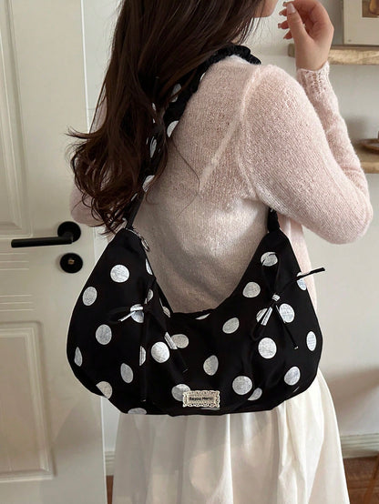 1pc Korean Style Casual Large Capacity Hobo Bag, New Polka Dot Tote Bag, Large Shopping Bag, Fashionable And Stylish, College Student Shoulder Bag, Shopping Mommy Bag, Bow Decor, Foldable, Zipper Clos