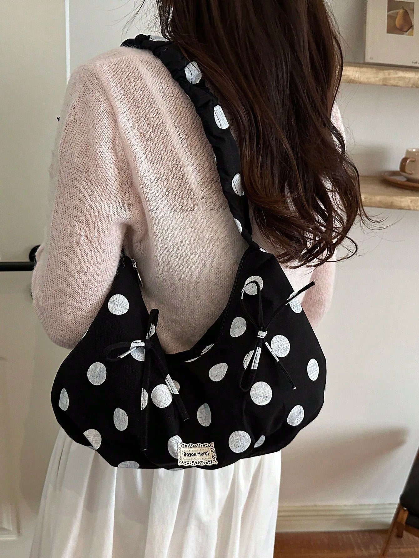 1pc Korean Style Casual Large Capacity Hobo Bag, New Polka Dot Tote Bag, Large Shopping Bag, Fashionable And Stylish, College Student Shoulder Bag, Shopping Mommy Bag, Bow Decor, Foldable, Zipper Clos