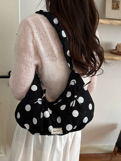 1pc Korean Style Casual Large Capacity Hobo Bag, New Polka Dot Tote Bag, Large Shopping Bag, Fashionable And Stylish, College Student Shoulder Bag, Shopping Mommy Bag, Bow Decor, Foldable, Zipper Clos