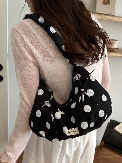 1pc Korean Style Casual Large Capacity Hobo Bag, New Polka Dot Tote Bag, Large Shopping Bag, Fashionable And Stylish, College Student Shoulder Bag, Shopping Mommy Bag, Bow Decor, Foldable, Zipper Clos