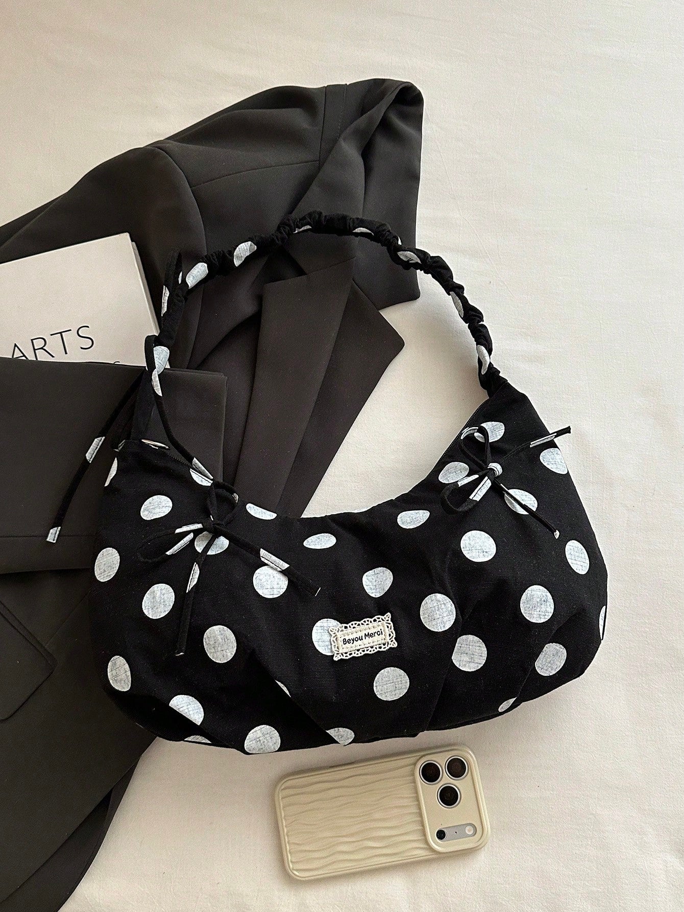 1pc Korean Style Casual Large Capacity Hobo Bag, New Polka Dot Tote Bag, Large Shopping Bag, Fashionable And Stylish, College Student Shoulder Bag, Shopping Mommy Bag, Bow Decor, Foldable, Zipper Clos