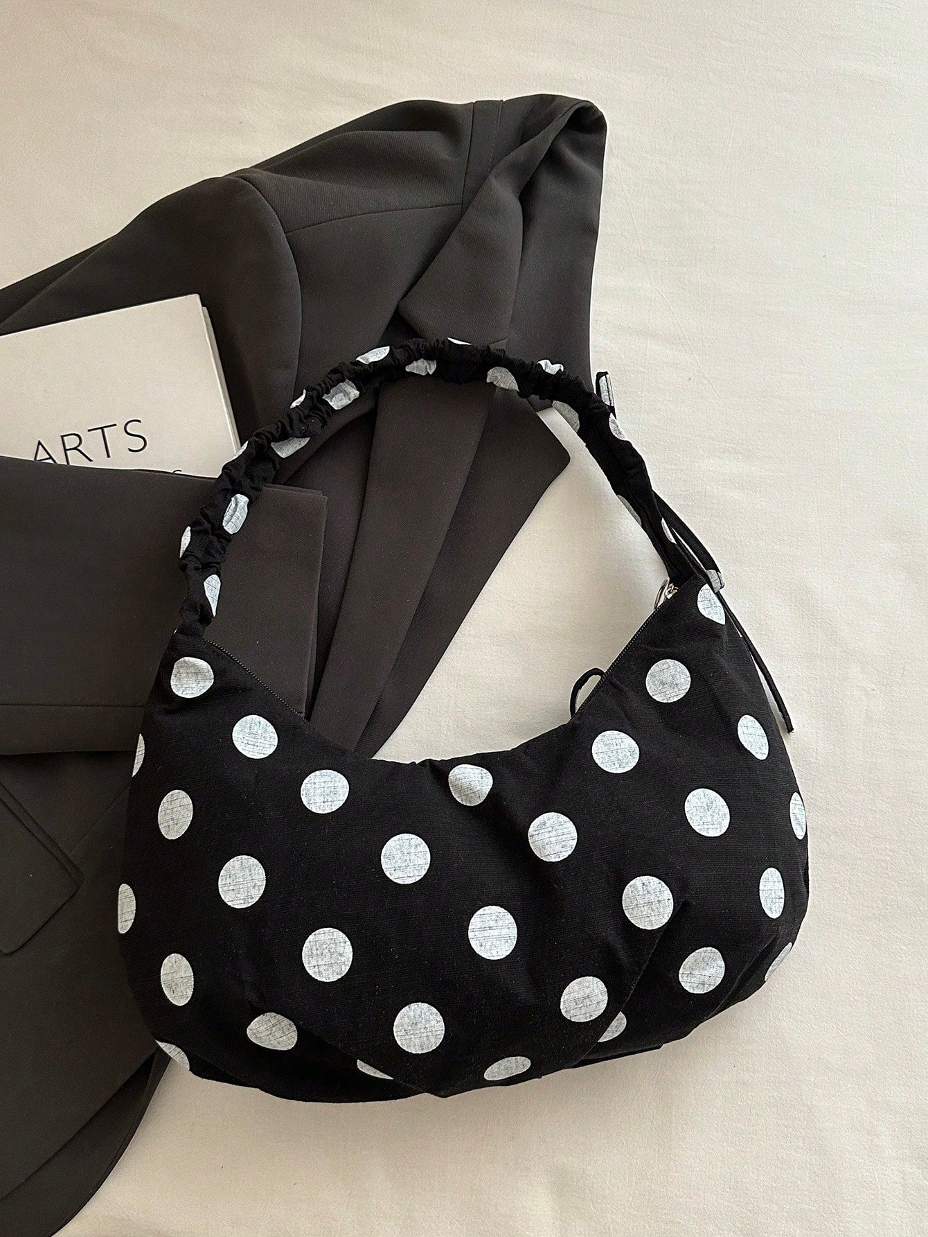 1pc Korean Style Casual Large Capacity Hobo Bag, New Polka Dot Tote Bag, Large Shopping Bag, Fashionable And Stylish, College Student Shoulder Bag, Shopping Mommy Bag, Bow Decor, Foldable, Zipper Clos