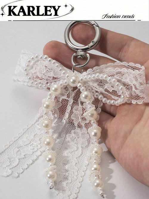1pc Lace Bow & Faux Pearl Key Chain Wallet Pendant Y2K Faux Pearl Charm Bag Charm Shoe Decor Goth