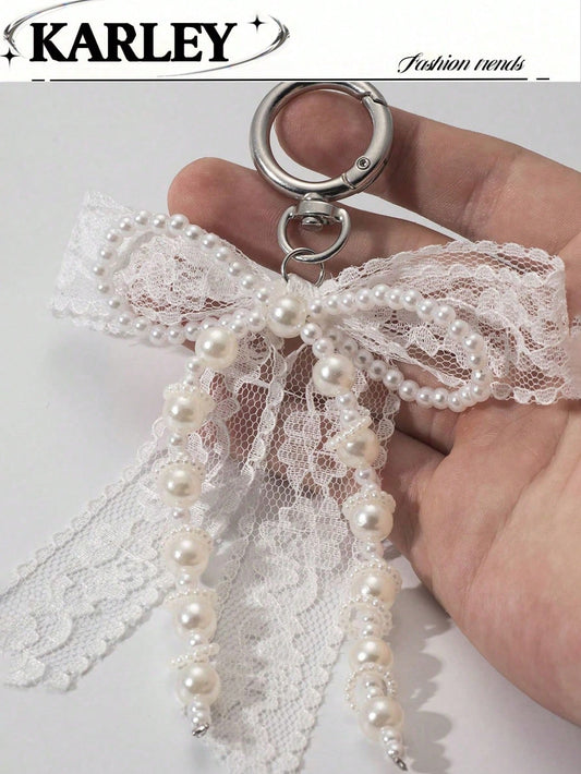 1pc Lace Bow & Faux Pearl Key Chain Wallet Pendant Y2K Faux Pearl Charm Bag Charm Shoe Decor Goth
