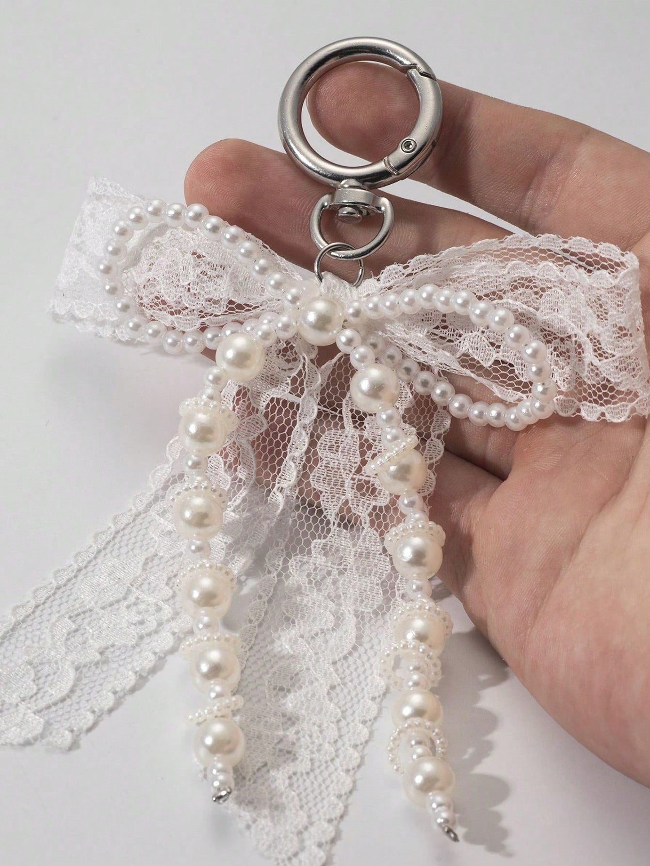 1pc Lace Bow & Faux Pearl Key Chain Wallet Pendant Y2K Faux Pearl Charm Bag Charm Shoe Decor Goth
