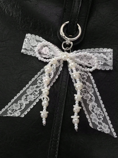1pc Lace Bow & Faux Pearl Key Chain Wallet Pendant Y2K Faux Pearl Charm Bag Charm Shoe Decor Goth