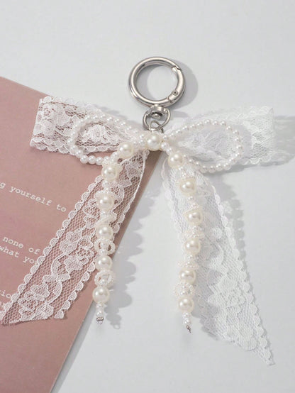 1pc Lace Bow & Faux Pearl Key Chain Wallet Pendant Y2K Faux Pearl Charm Bag Charm Shoe Decor Goth