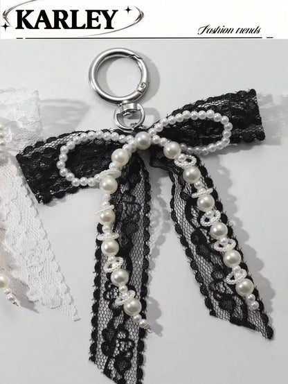 1pc Lace Bow & Faux Pearl Key Chain Wallet Pendant Y2K Faux Pearl Charm Bag Charm Shoe Decor Goth