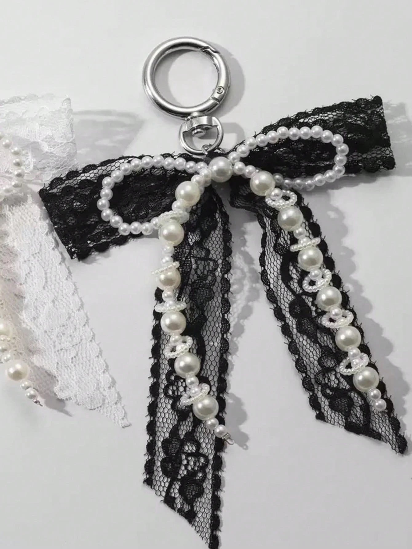 1pc Lace Bow & Faux Pearl Key Chain Wallet Pendant Y2K Faux Pearl Charm Bag Charm Shoe Decor Goth