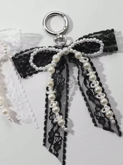 1pc Lace Bow & Faux Pearl Key Chain Wallet Pendant Y2K Faux Pearl Charm Bag Charm Shoe Decor Goth
