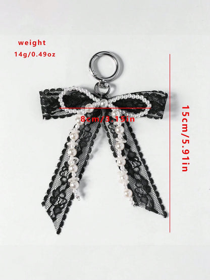 1pc Lace Bow & Faux Pearl Key Chain Wallet Pendant Y2K Faux Pearl Charm Bag Charm Shoe Decor Goth