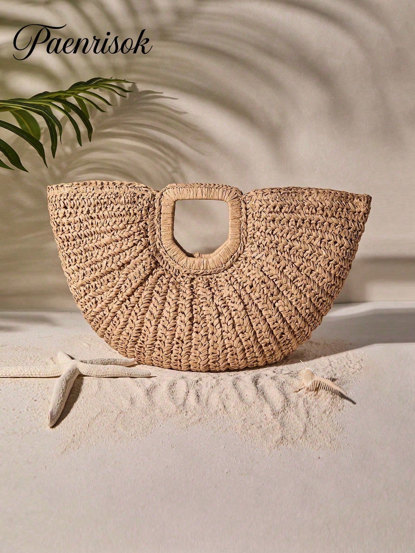 1pc Large Capacity Khaki Handbag Tote Bag Woven Bag Open Straw Bag Round Bag,Large Capacity Khaki Tote Bag,Open Top Round Bag,Travel Vacation Beach