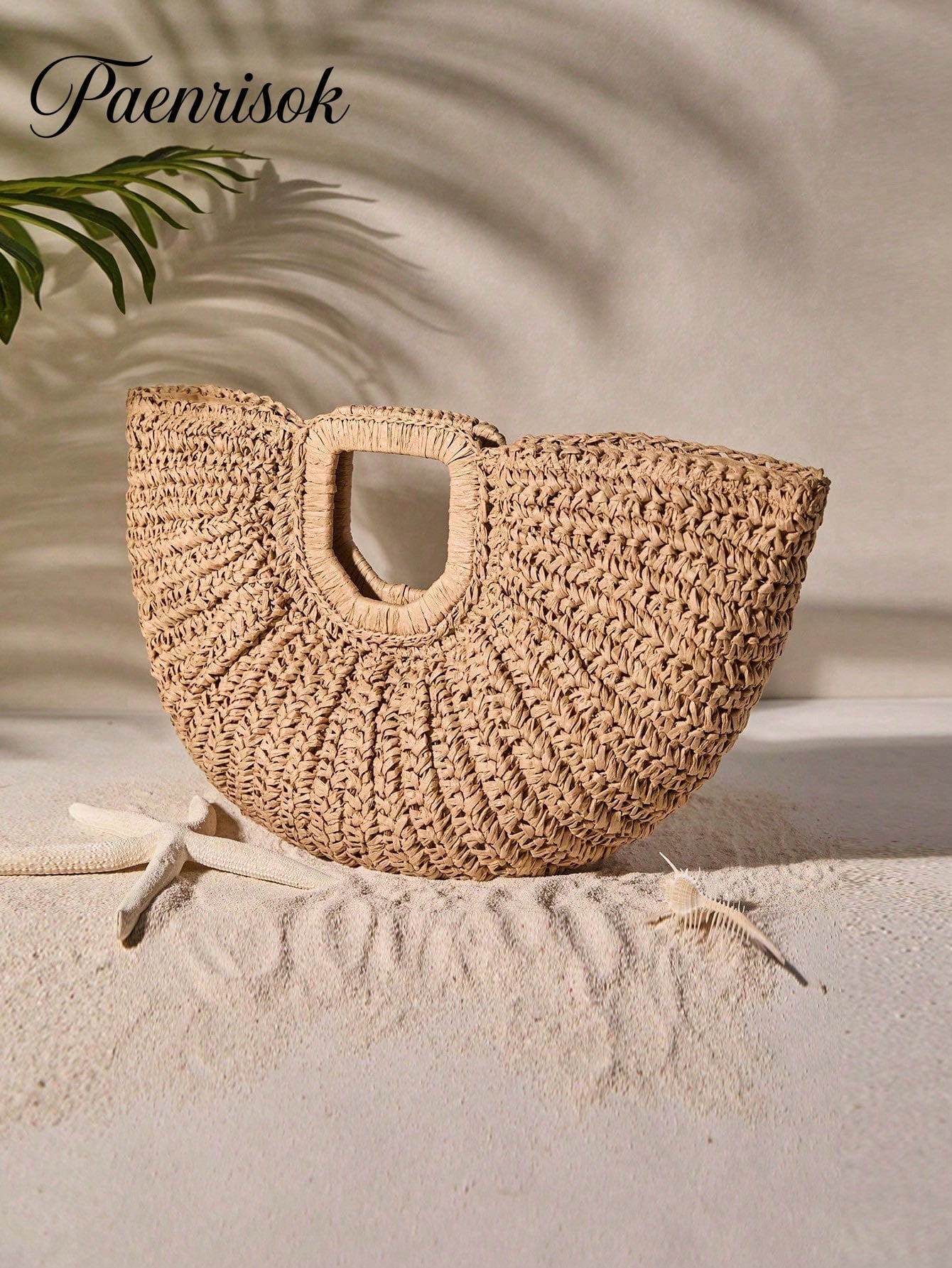 1pc Large Capacity Khaki Handbag Tote Bag Woven Bag Open Straw Bag Round Bag,Large Capacity Khaki Tote Bag,Open Top Round Bag,Travel Vacation Beach