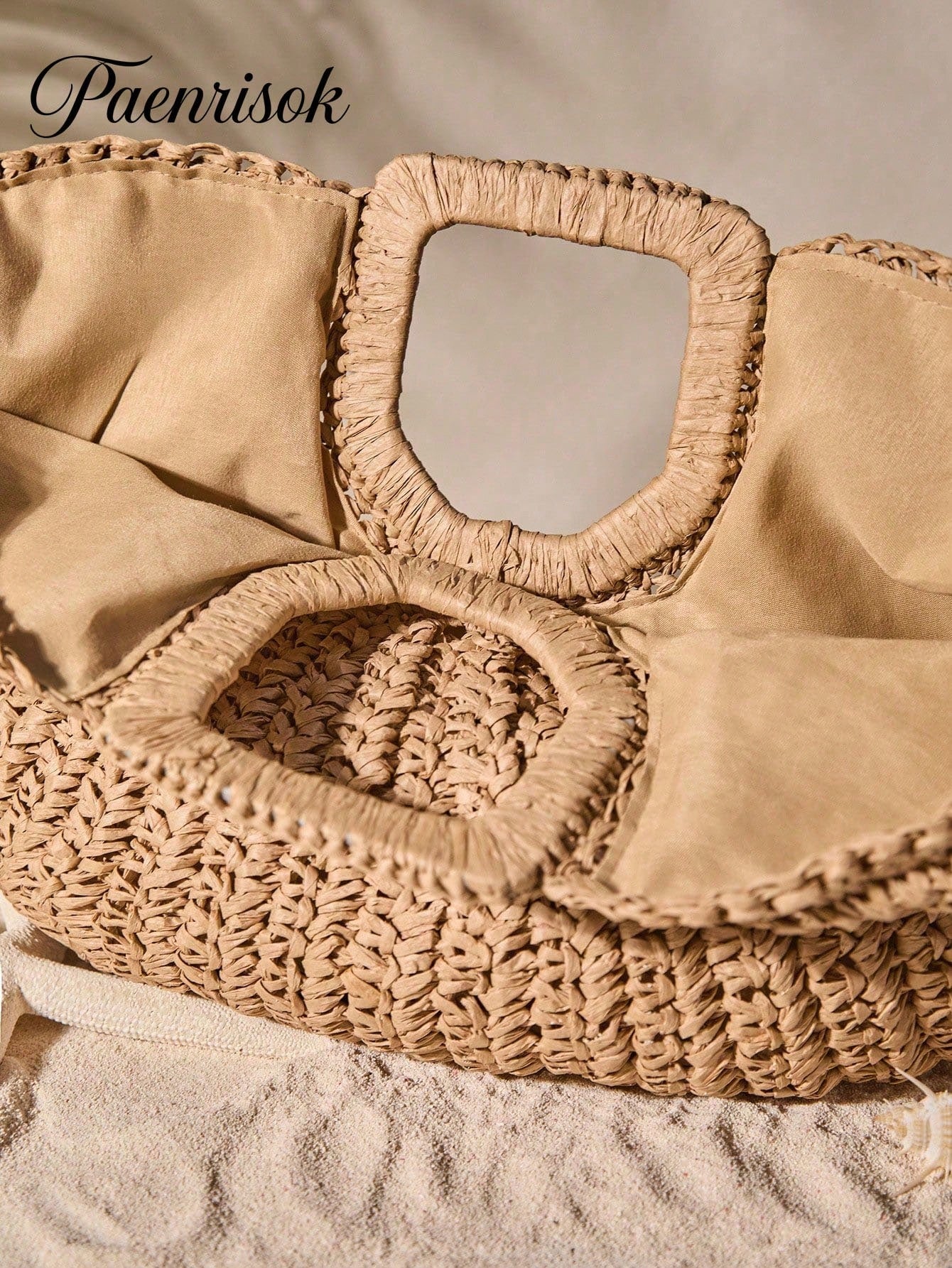 1pc Large Capacity Khaki Handbag Tote Bag Woven Bag Open Straw Bag Round Bag,Large Capacity Khaki Tote Bag,Open Top Round Bag,Travel Vacation Beach