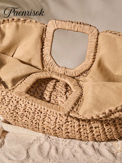 1pc Large Capacity Khaki Handbag Tote Bag Woven Bag Open Straw Bag Round Bag,Large Capacity Khaki Tote Bag,Open Top Round Bag,Travel Vacation Beach