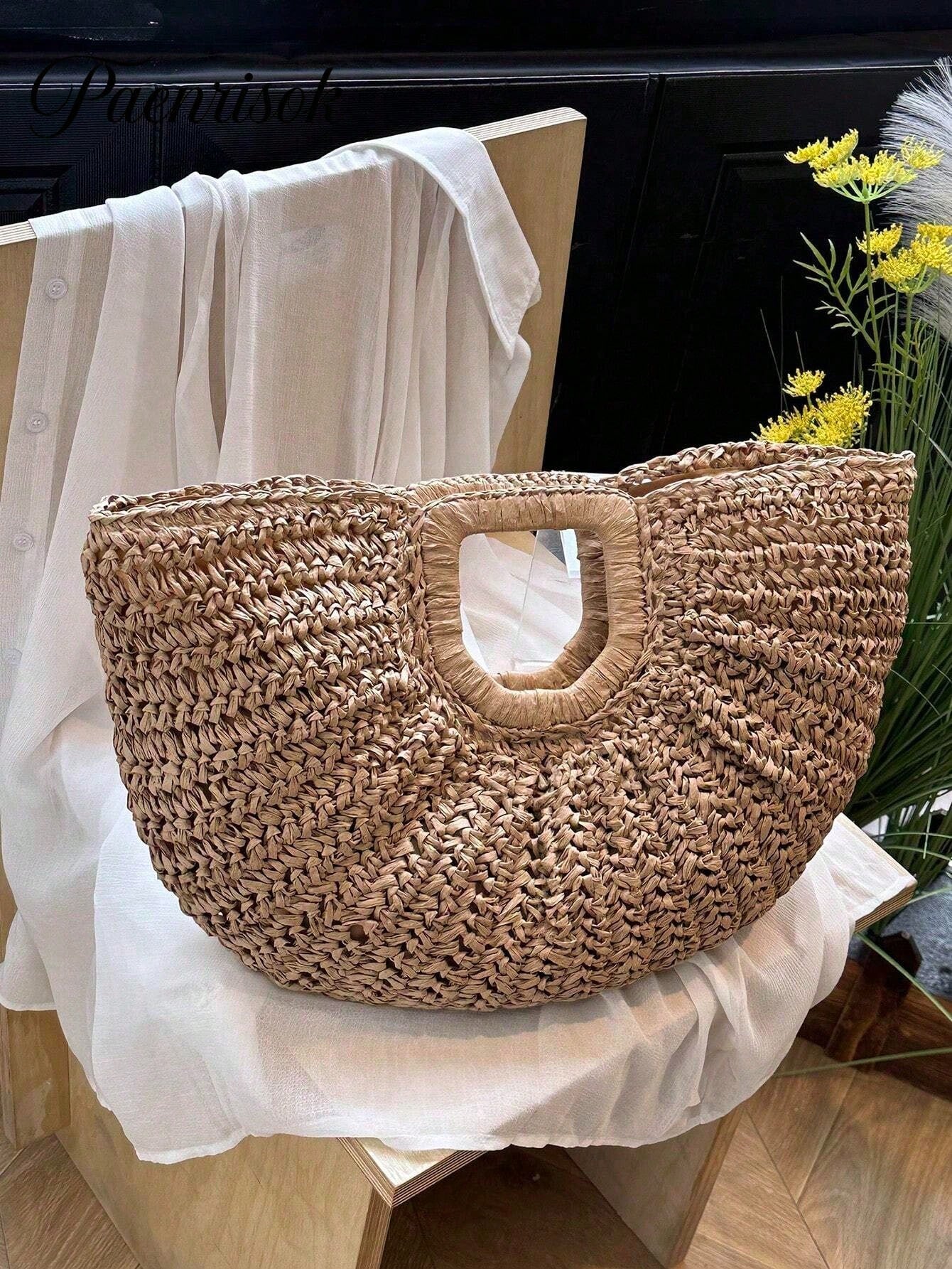 1pc Large Capacity Khaki Handbag Tote Bag Woven Bag Open Straw Bag Round Bag,Large Capacity Khaki Tote Bag,Open Top Round Bag,Travel Vacation Beach