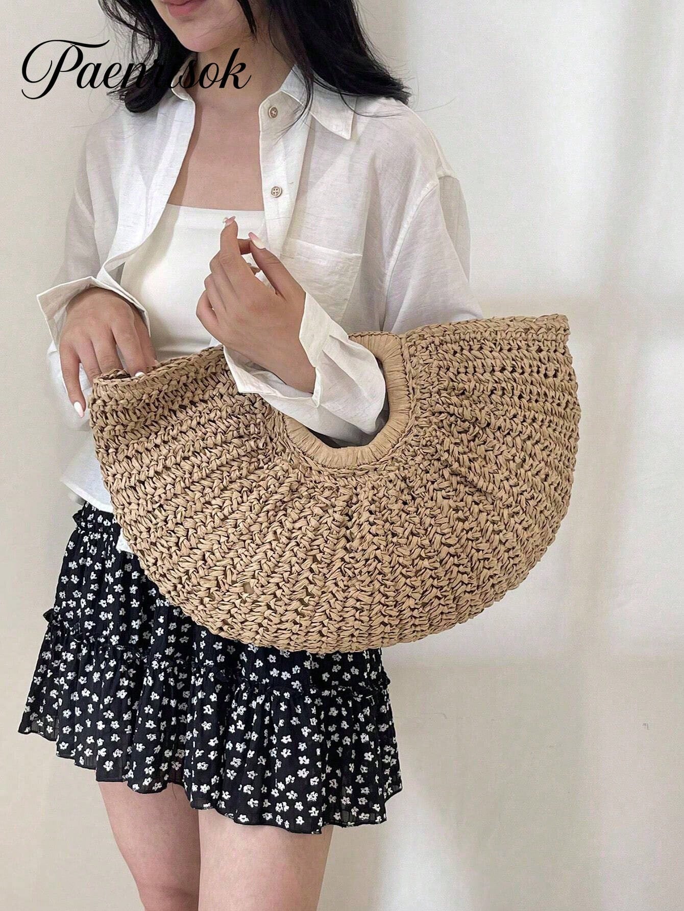 1pc Large Capacity Khaki Handbag Tote Bag Woven Bag Open Straw Bag Round Bag,Large Capacity Khaki Tote Bag,Open Top Round Bag,Travel Vacation Beach