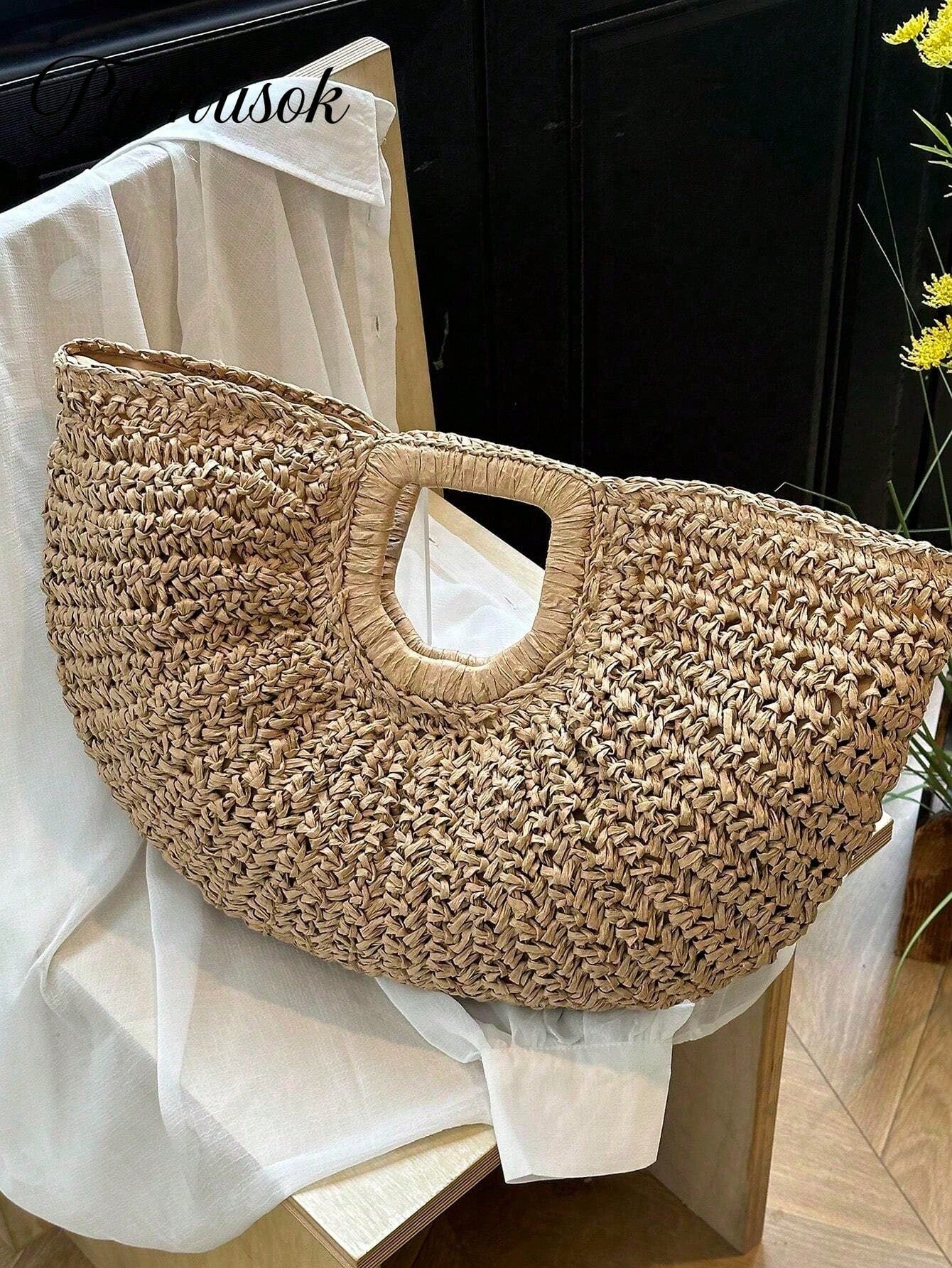 1pc Large Capacity Khaki Handbag Tote Bag Woven Bag Open Straw Bag Round Bag,Large Capacity Khaki Tote Bag,Open Top Round Bag,Travel Vacation Beach