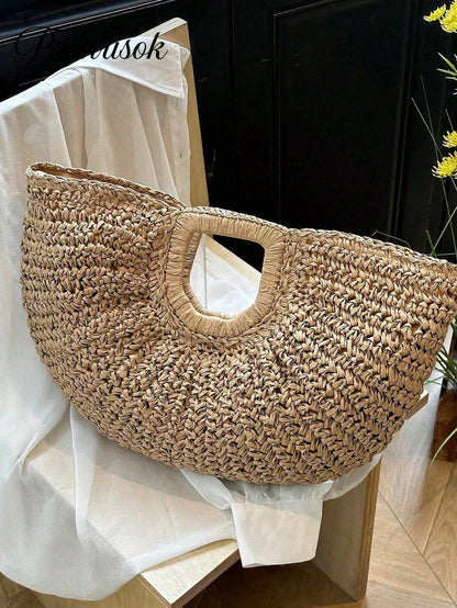 1pc Large Capacity Khaki Handbag Tote Bag Woven Bag Open Straw Bag Round Bag,Large Capacity Khaki Tote Bag,Open Top Round Bag,Travel Vacation Beach