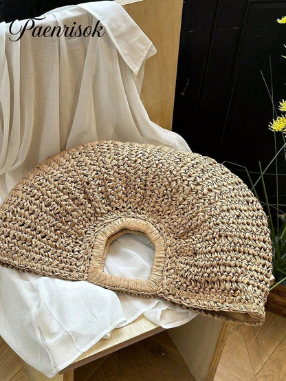 1pc Large Capacity Khaki Handbag Tote Bag Woven Bag Open Straw Bag Round Bag,Large Capacity Khaki Tote Bag,Open Top Round Bag,Travel Vacation Beach