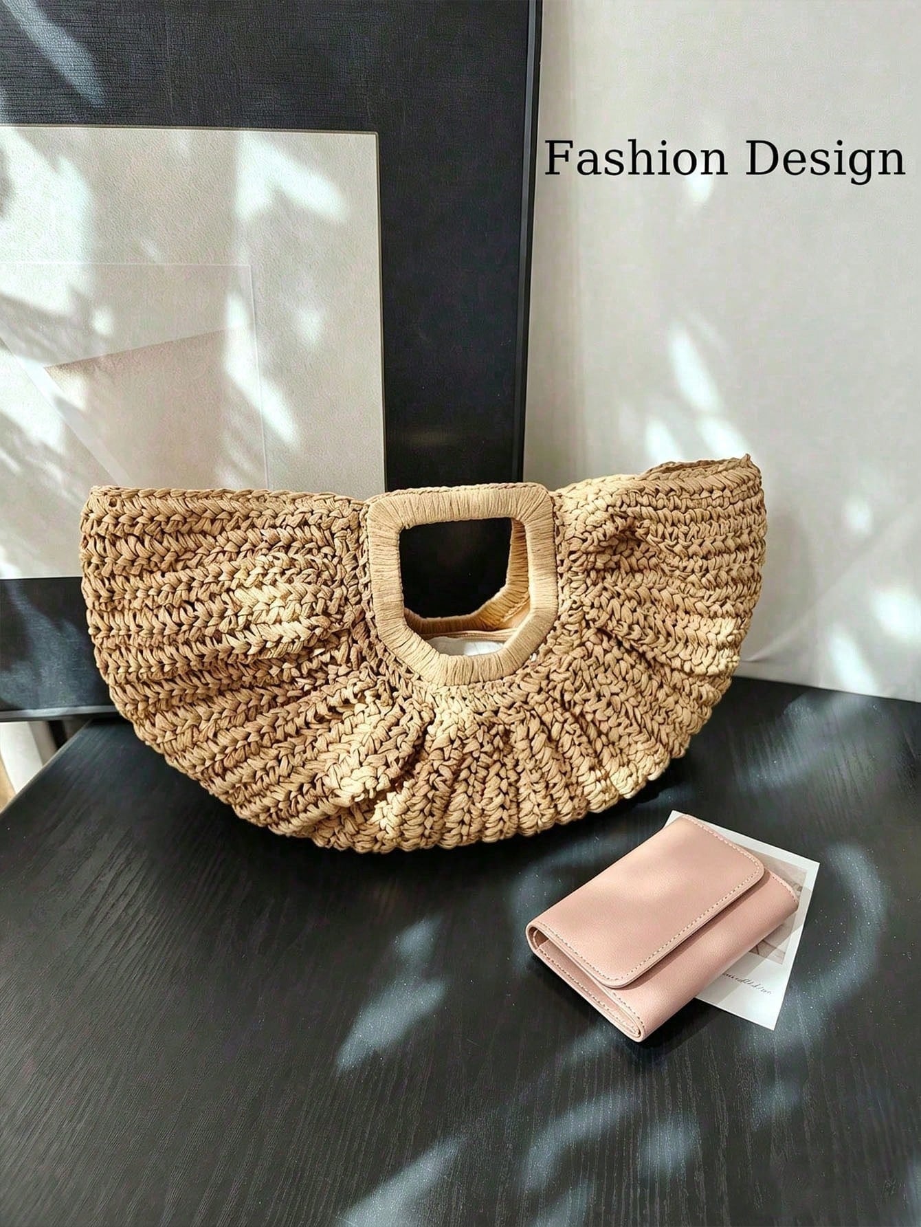 1pc Large Capacity Khaki Handbag Tote Bag Woven Bag Open Straw Bag Round Bag,Large Capacity Khaki Tote Bag,Open Top Round Bag,Travel Vacation Beach
