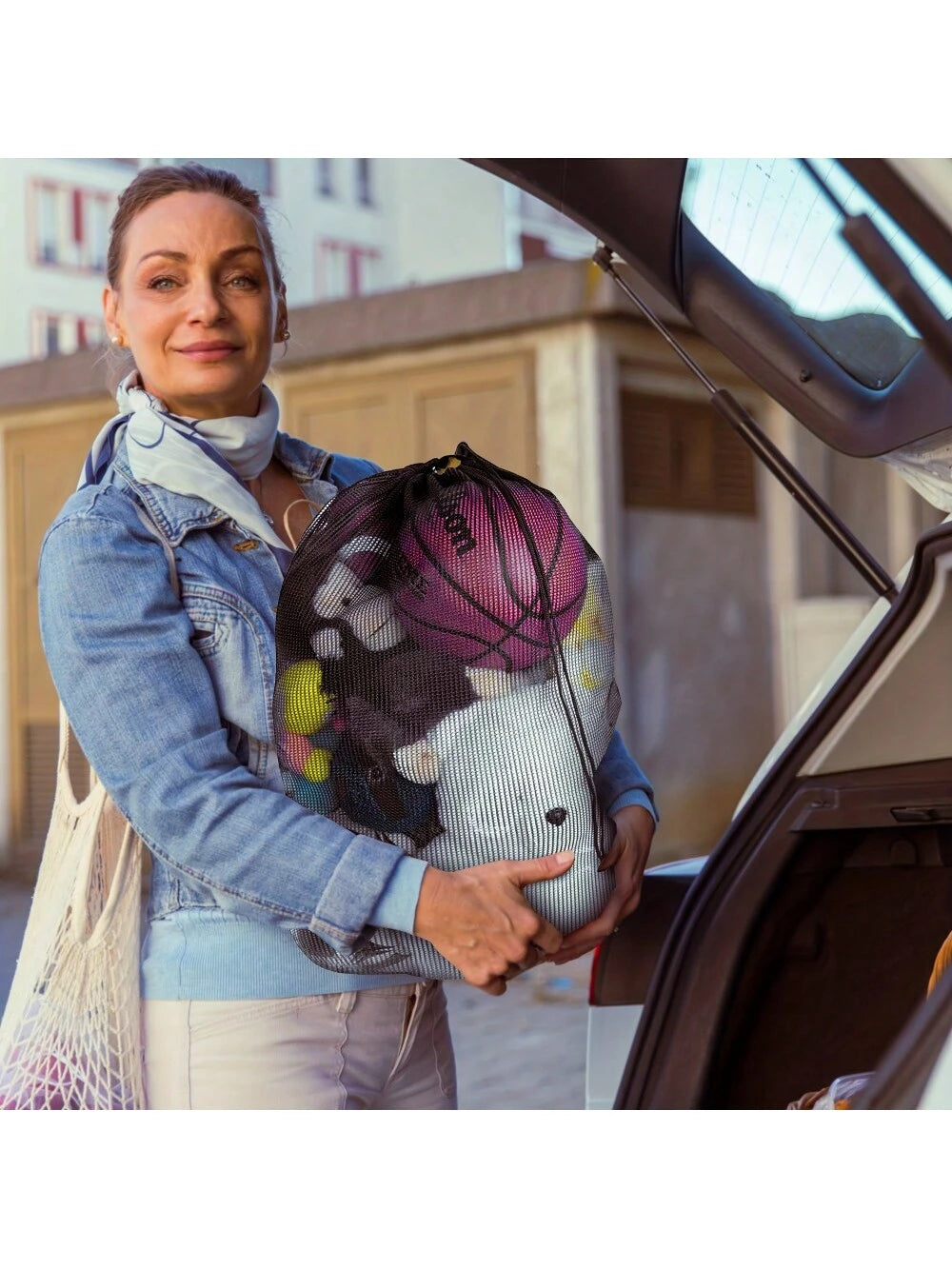 1pc Large Capacity Mesh Storage Bag, Sports Ball Storage Bag, Drawstring Shoulder Strap Design, Team Sports Volleyball Basketball Football Swimming Equipment, Sports Accessories