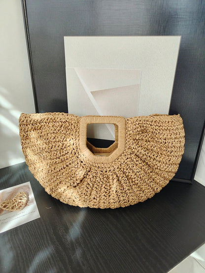 1pc Large Capacity Pleated Semi-Circle Woven Tote Bag, Solid Color, Fashion Straw Handbag For Women, Suitable For Beach, Travel, Daily Shopping, Great Mother's Day Gift, Straw Bag