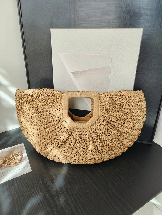 1pc Large Capacity Pleated Semi-Circle Woven Tote Bag, Solid Color, Fashion Straw Handbag For Women, Suitable For Beach, Travel, Daily Shopping, Great Mother's Day Gift, Straw Bag