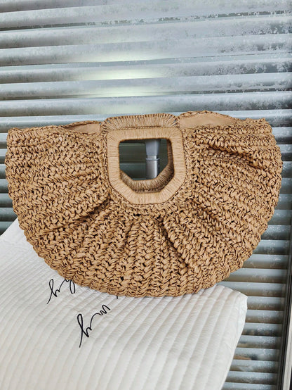 1pc Large Capacity Pleated Semi-Circle Woven Tote Bag, Solid Color, Fashion Straw Handbag For Women, Suitable For Beach, Travel, Daily Shopping, Great Mother's Day Gift, Straw Bag
