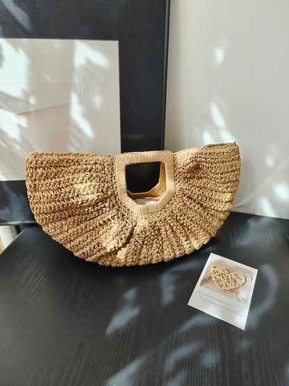 1pc Large Capacity Pleated Semi-Circle Woven Tote Bag, Solid Color, Fashion Straw Handbag For Women, Suitable For Beach, Travel, Daily Shopping, Great Mother's Day Gift, Straw Bag