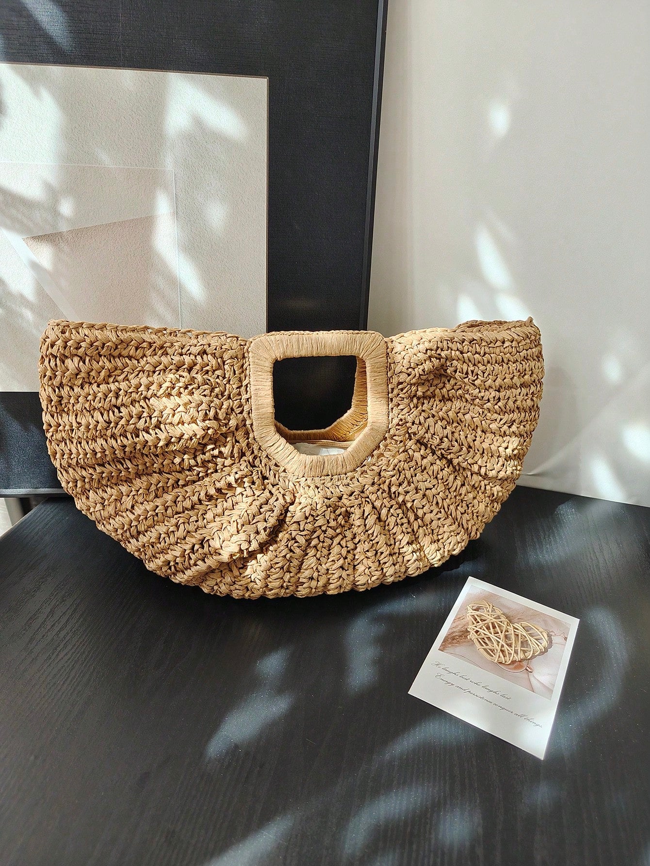 1pc Large Capacity Pleated Semi-Circle Woven Tote Bag, Solid Color, Fashion Straw Handbag For Women, Suitable For Beach, Travel, Daily Shopping, Great Mother's Day Gift, Straw Bag