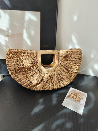 1pc Large Capacity Pleated Semi-Circle Woven Tote Bag, Solid Color, Fashion Straw Handbag For Women, Suitable For Beach, Travel, Daily Shopping, Great Mother's Day Gift, Straw Bag